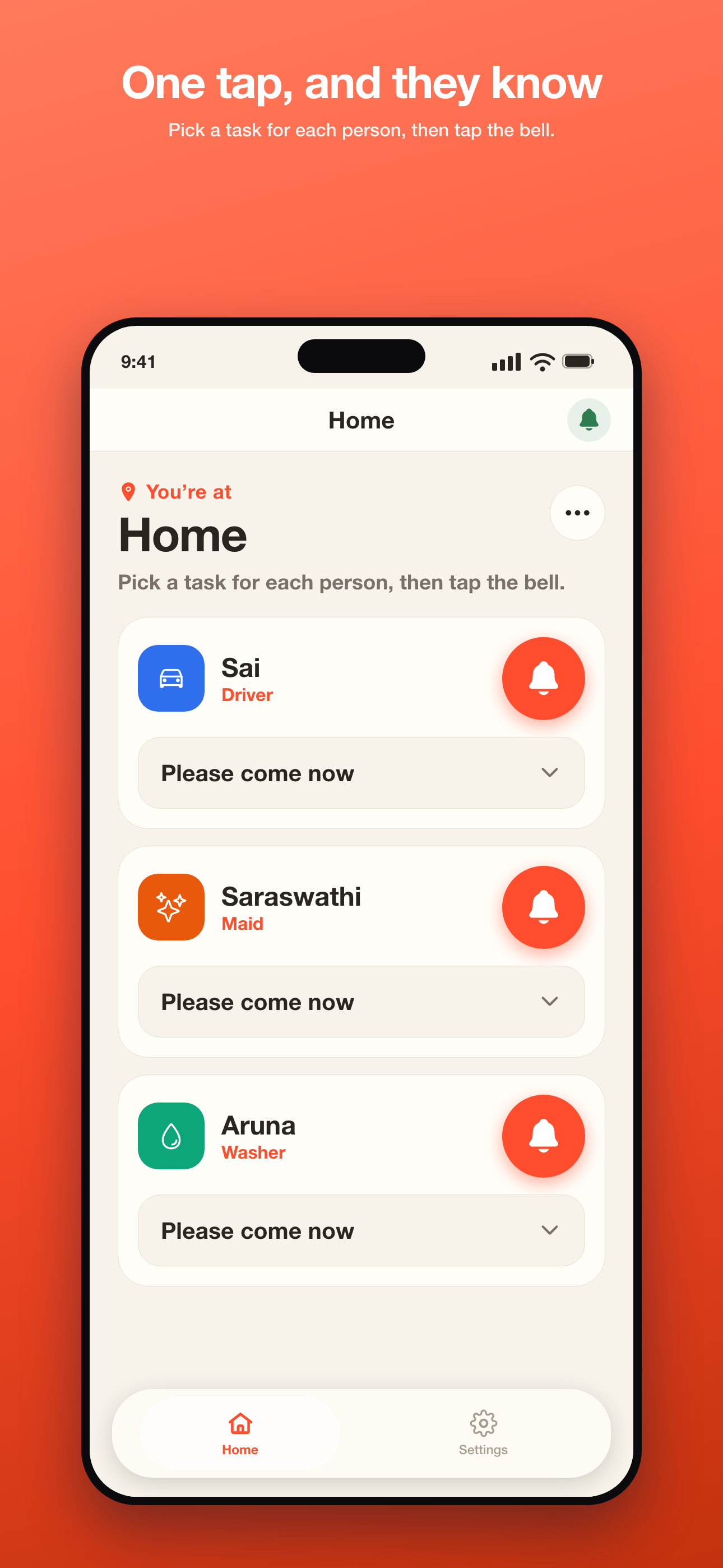Phone — Home: Sai, Saraswathi and Aruna, each with a task and one round bell to buzz them
