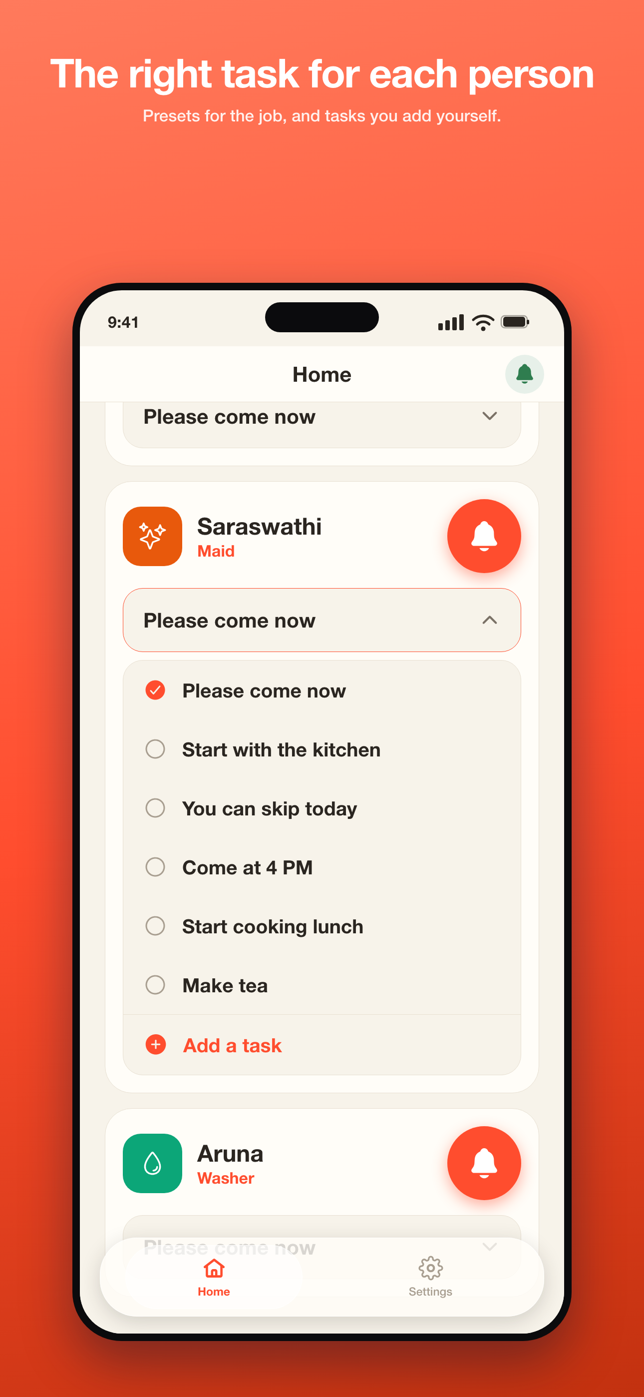 Phone — pick a task: the preset tasks for a person, plus Add a task