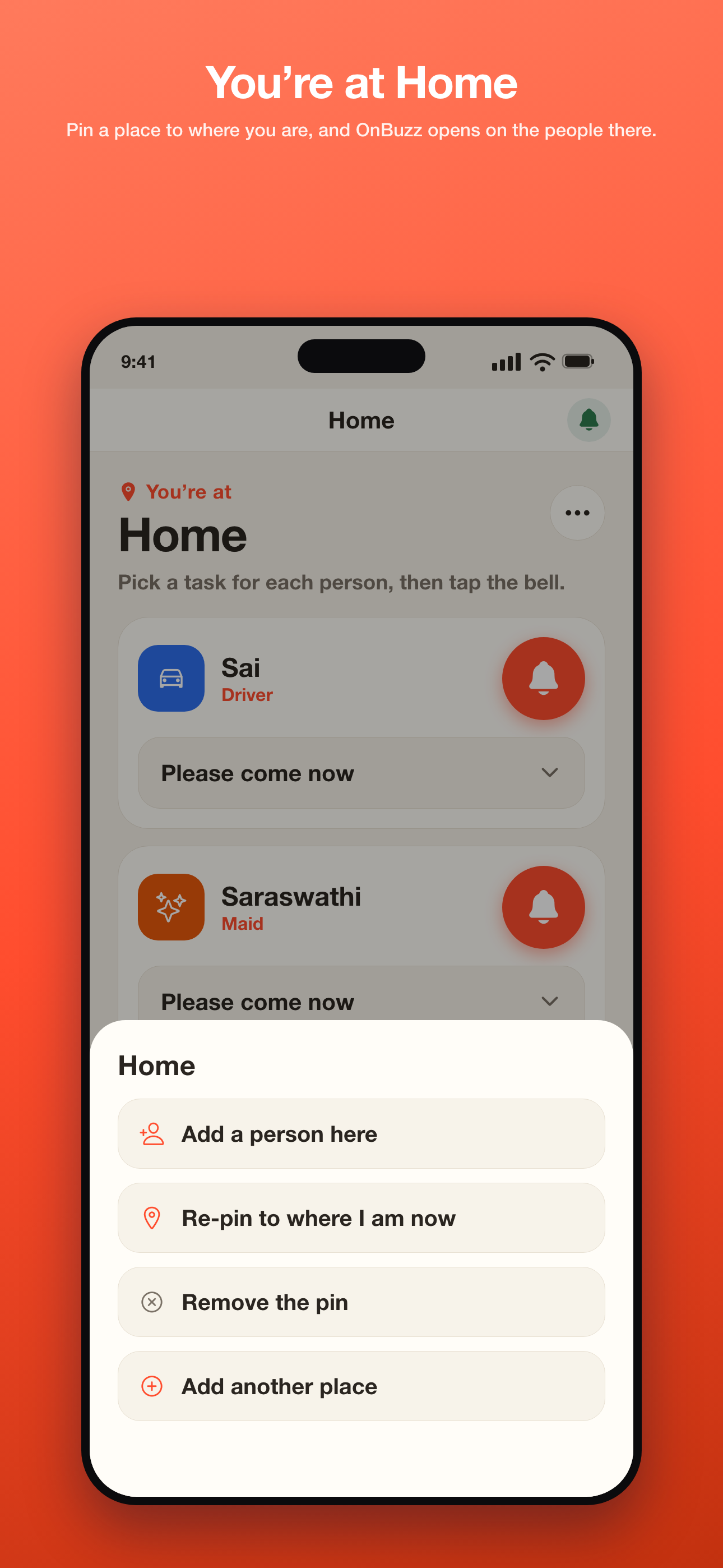 Phone — place options: add a person, pin the place to where you are, add another place
