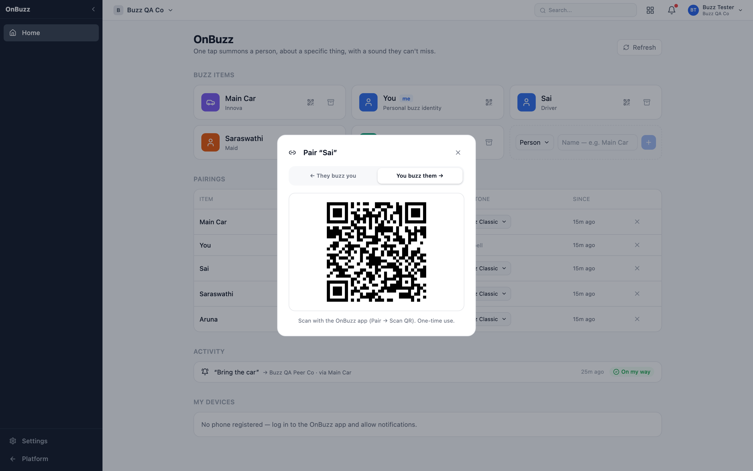 Pair a person — the QR for Sai, in the direction where you buzz them